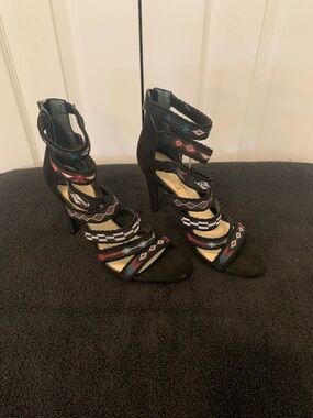 Jessica Simpson Black High Heel Sandals with Multicolor Embellished Straps